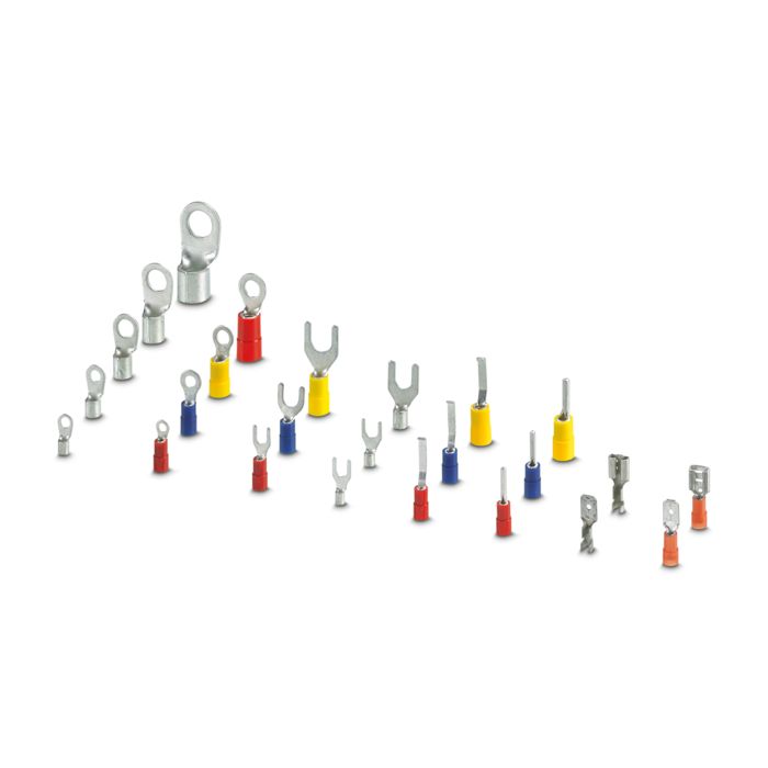 Various insulated and non-insulated crimp connectors arranged in eight rows