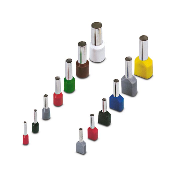 Two rows of wire end ferrules in various colors, set against a white background