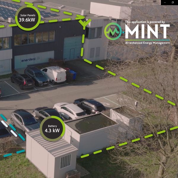 Energy value measurements and energy flows at a company building with an electric charging park