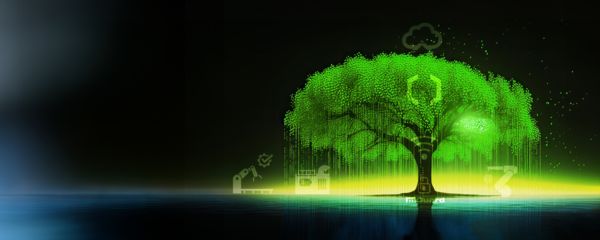 Abstract graphic of a green tree above a body of water, against a black background, overlayed with various icons representing technology and industry
