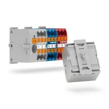 Distribution blocks with securing pin adapter