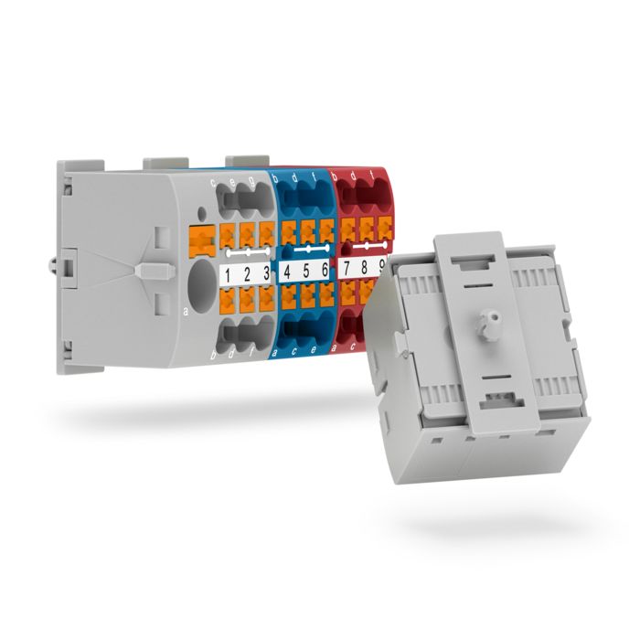 Distribution blocks with securing pin adapter