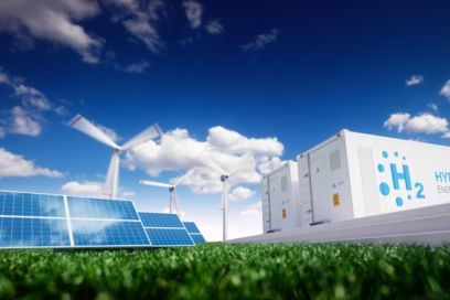 Hydrogen storage system with solar and wind power in the background