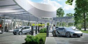 Person charging an electric vehicle at a futuristic charging park