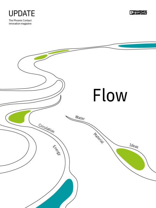 A preview of the cover of the latest issue of UPDATE Magazine, featuring abstract blue and green flowing lines, and the word "Flow".