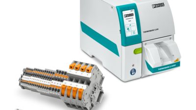 Impresora de rollo por transferencia térmica con aplicador THERMOMARK E.VARIO para la rotulación de regleteros de bornas enteros