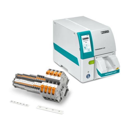 Thermische rolprinter met THERMOMARK E.VARIO-applicator voor het markeren van volledige klemmenstroken
