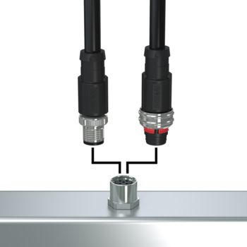 M12 push-pull connectors with external and internal locking in front of a device panel with installed matching M12 device connectors