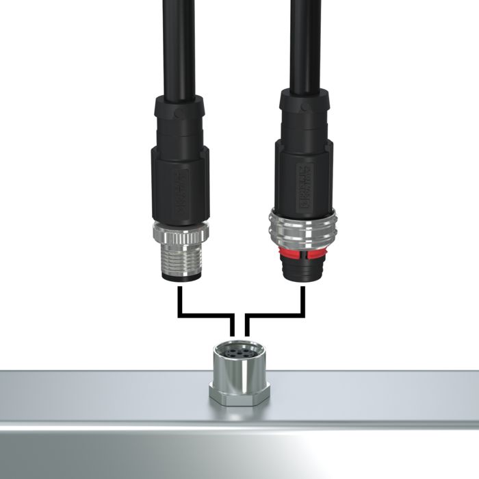 M12 push-pull connectors with external and internal locking in front of a device panel with installed matching M12 device connectors