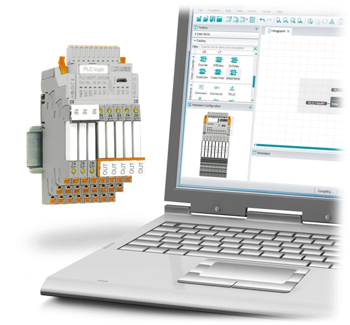  Tutorial do software Logic+ no ecrã de um computador portátil com módulo PLC logic