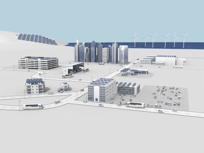 Interaktywna mapa graficzna: Krajobraz z typowymi obszarami zastosowań infrastruktury ładowania