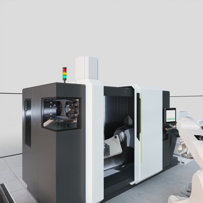 Vue latérale sur le changement d'outil et l'espace de travail d'une machine-outil