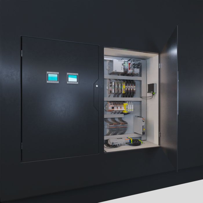 Porte de l'armoire électrique ouverte et une sélection de produits visibles