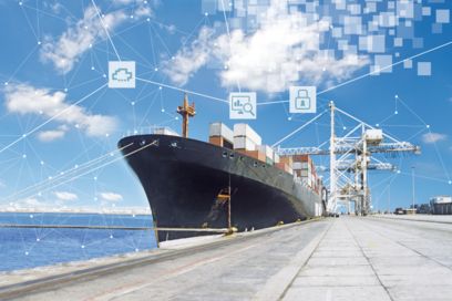 Navio de contentores com ícones para a visualização da automação