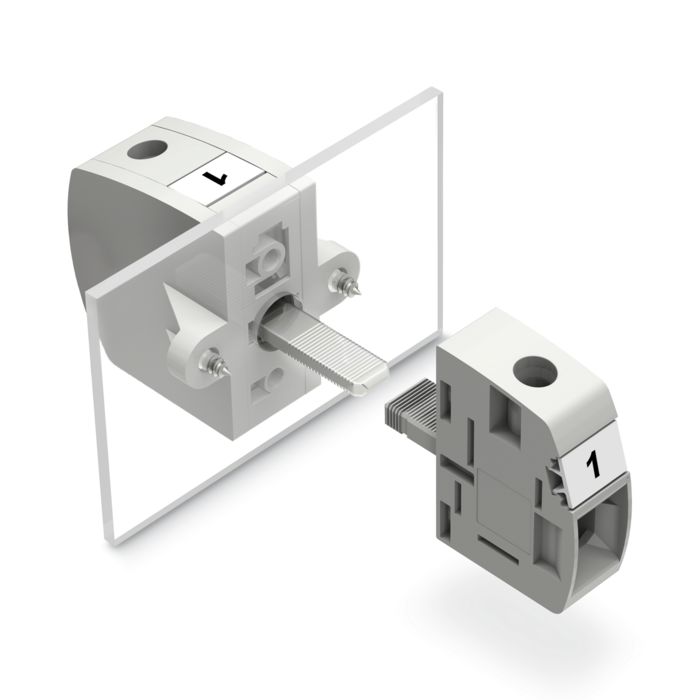 High-current feed-through terminal block flange fastening