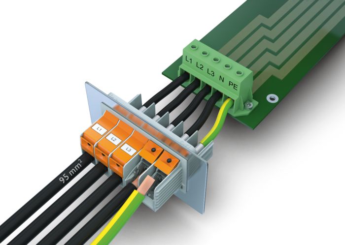 High-current feed-through terminal blocks for power up to 232 A/1000 V (IEC)