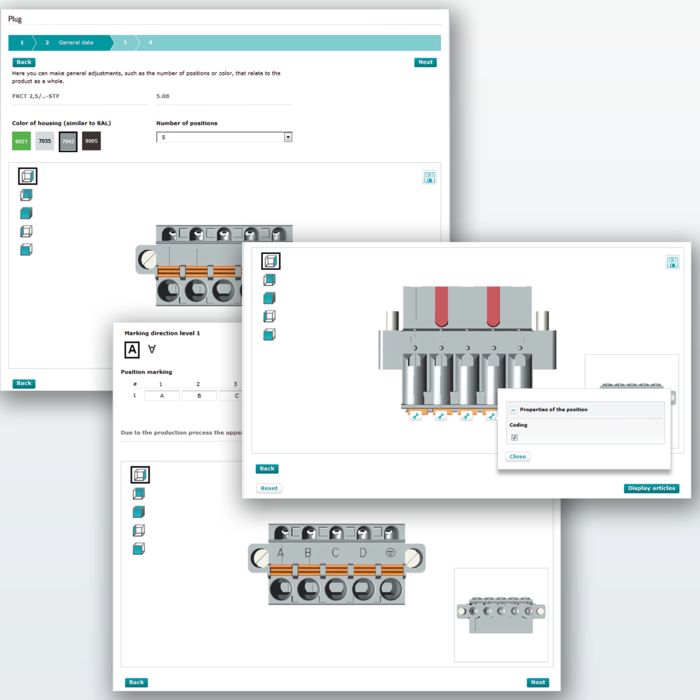 Captura de pantalla con el configurador de productos para conexiones para placas de circuito impreso: personalizar el artículo