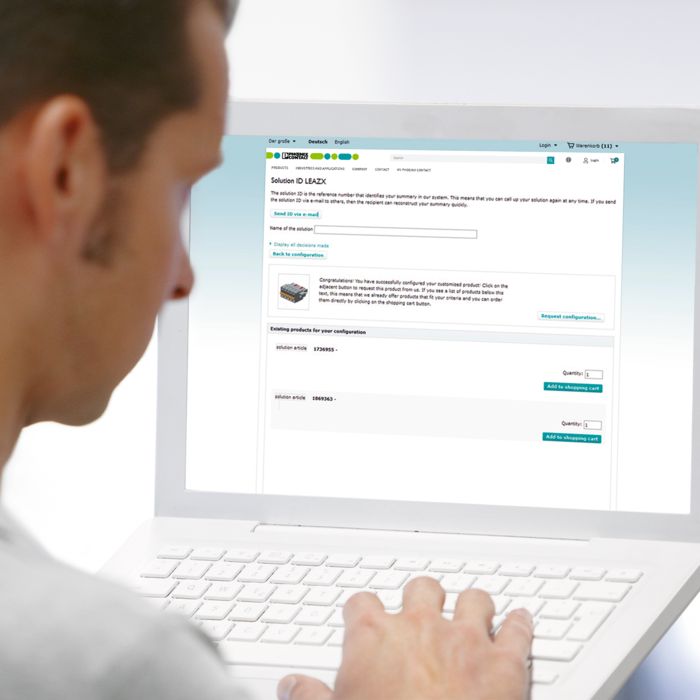 Captura de pantalla con el configurador de productos para conexiones para placas de circuito impreso: solicitar una oferta