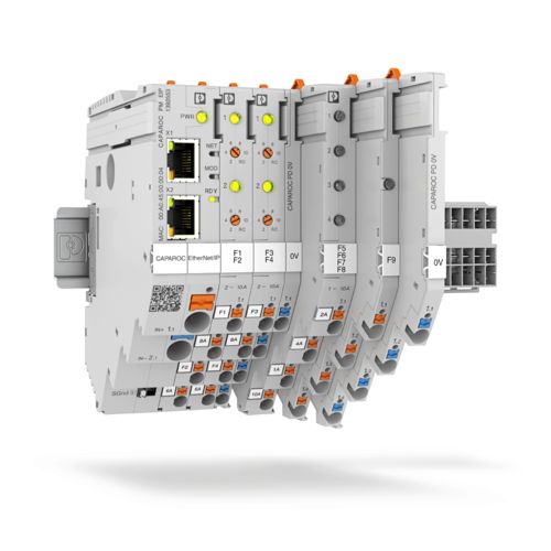 A product image of a grey CAPAROC power module with neon green, orange, and blue components, featuring labels that read "CAPAROC" and "EtherNet/IP", among other technical labels.