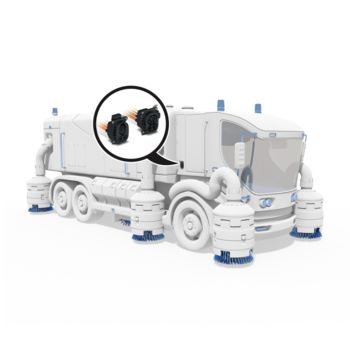 Electric street cleaning vehicle with close up of CCS charging inlets design-in
