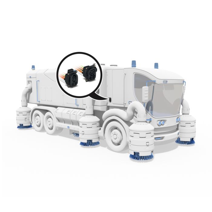 Electric street cleaning vehicle with close up of CCS charging inlets design-in