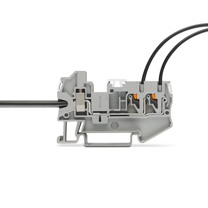 Vue latérale d'un bloc de jonction hybride avec raccordements Push-in et raccordement vissé