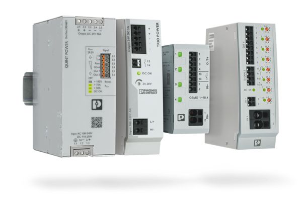Power supplies and device circuit breakers mounted on a DIN rail