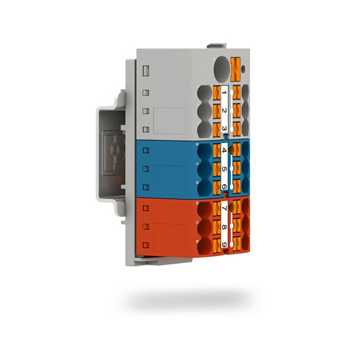 DIN rail adapter for vertical mounting of the distribution blocks on the DIN rail