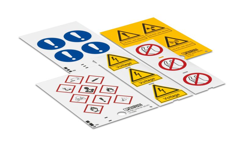 Différentes étiquettes d'avertissement, d'obligation et d'interdiction pour le repérage des installations