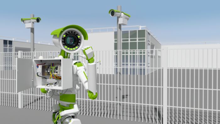 Figure with camera in front of a system