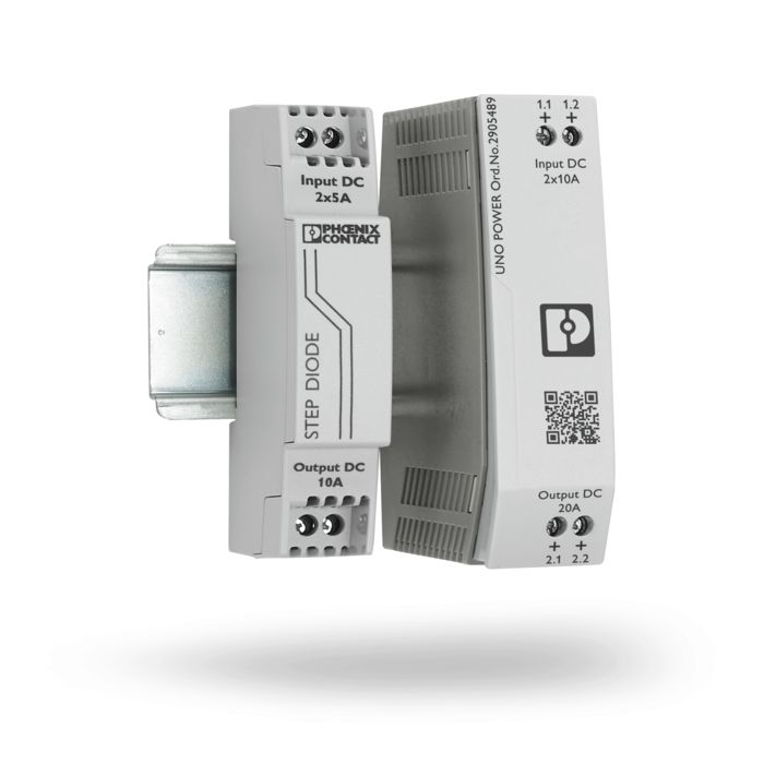 UNO DIODE and STEP DIODE diode modules on a DIN rail