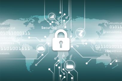 Visualization of cybersecurity: Lock in front of a networked world map 