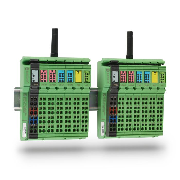 Two wireless multiplexers on a DIN rail