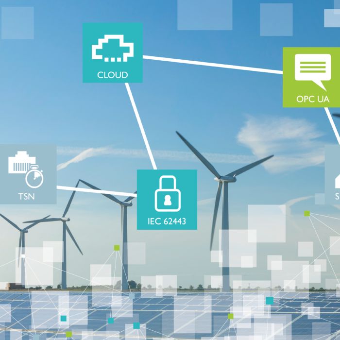 Solar field with wind turbine generators and networked communication technology icons