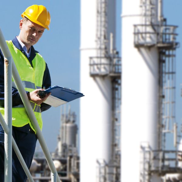 Man with safety helmet in front of process industry plant