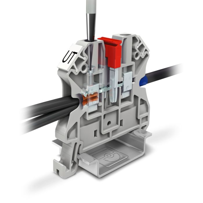 Screw connection for a terminal block, cross-section