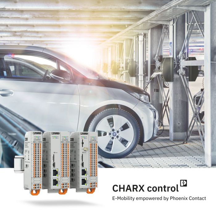 CHARX control modular charging controller in front of an electric car in a charging park