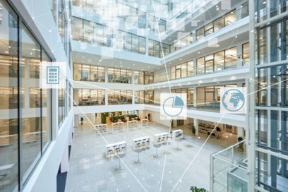 Building from the inside with icons for visualizing the building management