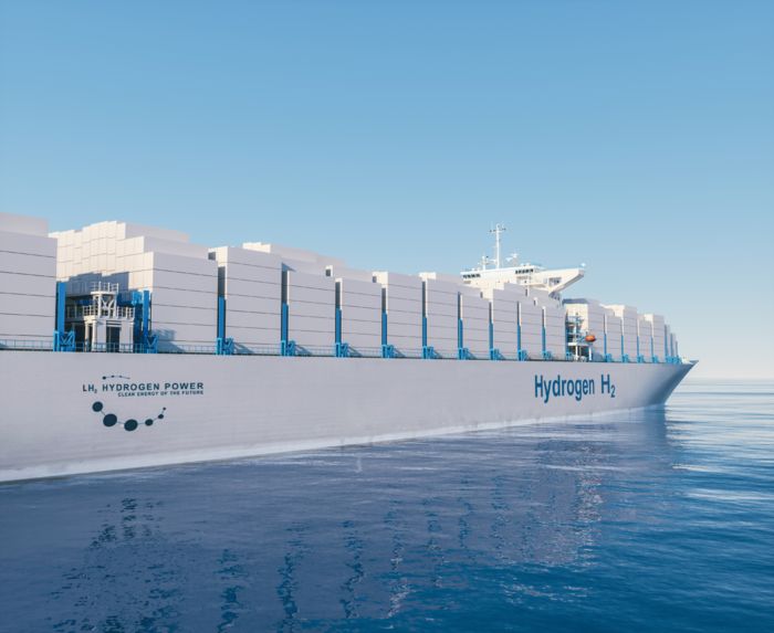 Future-oriented container ship with the hydrogen fuel cells mark