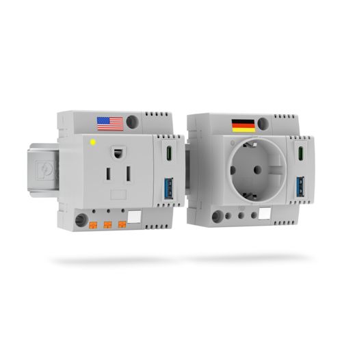 Tomadas do quadro de comando com interfaces USB em um trilho de fixação