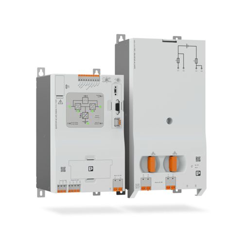 Product photo of a power supply unit, mostly grey with a few orange parts, against a white background.