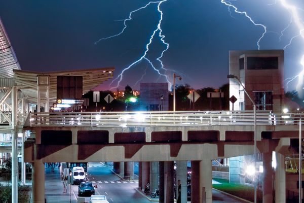 Lightning bolts over a city