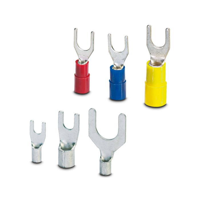 Insulated and non-insulated fork-type cable lugs in rows