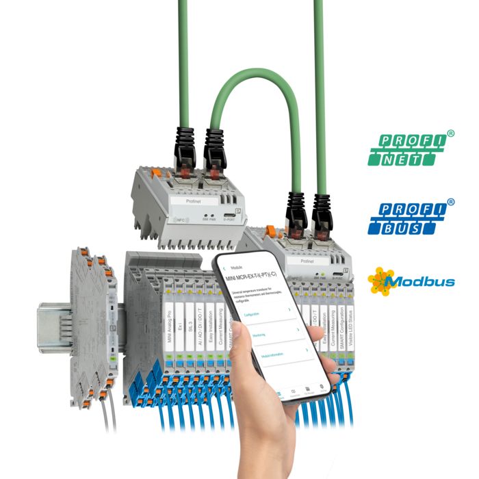 MINI Analog Pro signal conditioners and measuring transducers with Profinet gateways and the Signal Conditioner App