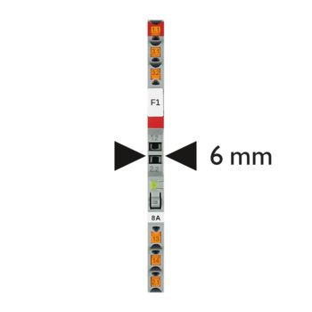Disjoncteur électronique monocanal PTCB en vue de dessus avec indication de la largeur de 6 mm