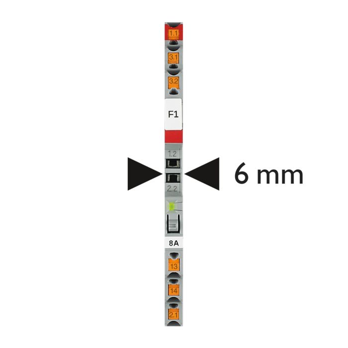 Disjoncteur électronique monocanal PTCB en vue de dessus avec indication de la largeur de 6 mm