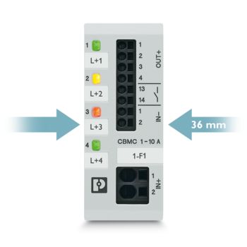 Disjoncteur CBMC en vue frontale avec flèches de dimensions pour représenter la largeur de montage de seulement 36 mm