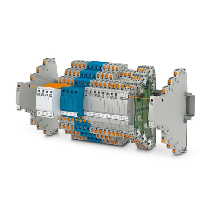 Narrow TERMITRAB complete surge protection solution with optional remote signaling mounted on a DIN rail