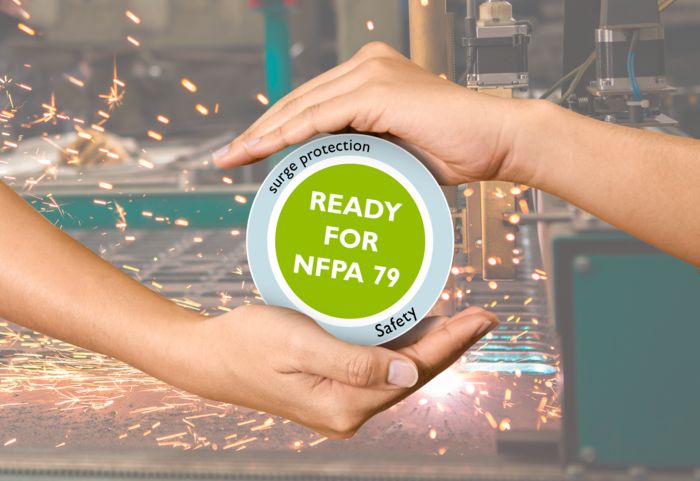 Hand holding logo with NFPA 79 
