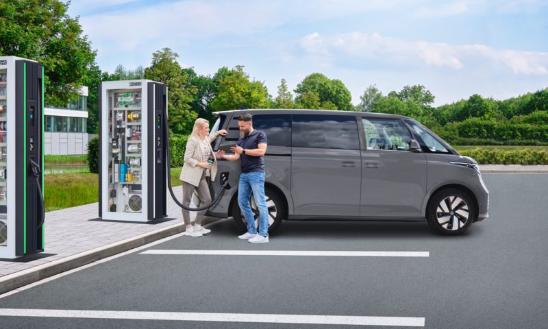 Volkswagen ID. Buzz being charged at an HPC charging station with Phoenix Contact components